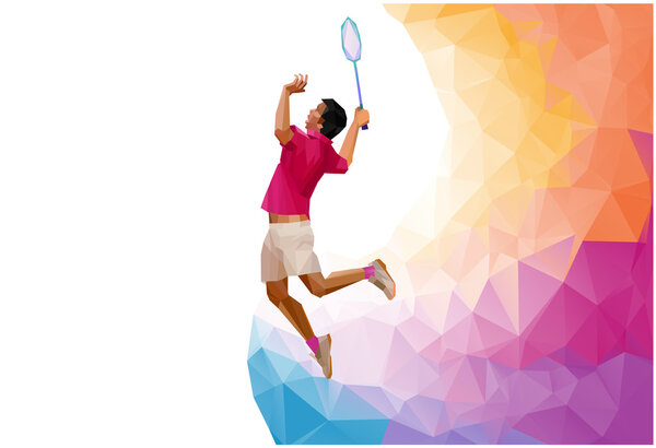 Polygonal professional badminton player, during smash isolated on white background