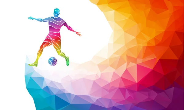 Silueta creativa del futbolista. Jugador de fútbol patea la pelota en el estilo de polígono abstracto de moda colorido con arco iris espalda — Archivo Imágenes Vectoriales