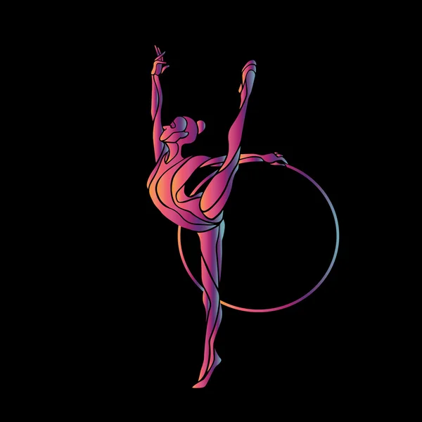 Rhythmic Gymnastics with Hoop Silhouette on black background — Stock Vector