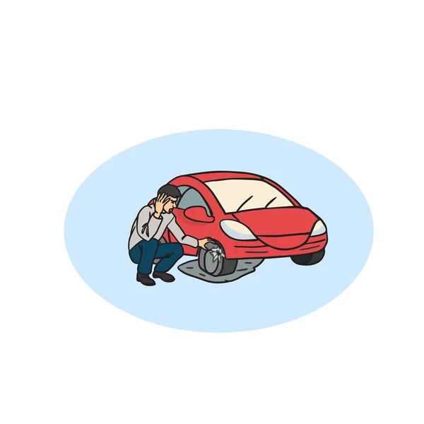 Llanta pinchada en la carretera. Hombre teniendo problemas de coche Accidente de dibujos animados — Archivo Imágenes Vectoriales