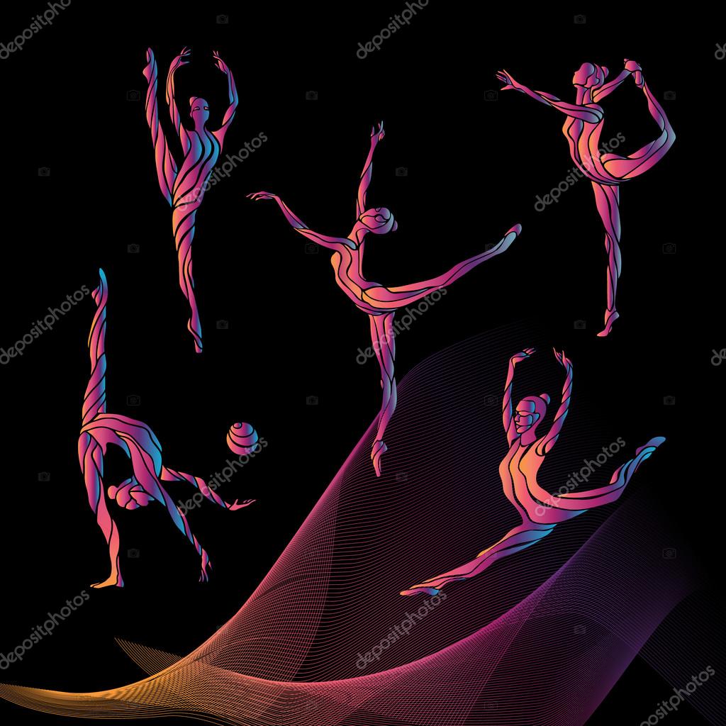 Collection 4 Creative silhouettes of gymnastic girls. Art gymnastics set, black and white vector illustration