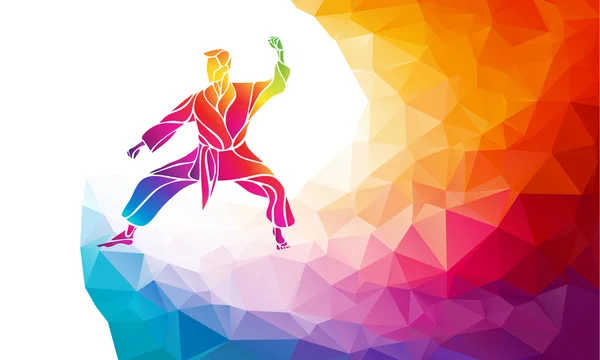 Martial arts sprong kick kleur regenboog silhouet. Karate vechter — Stockvector