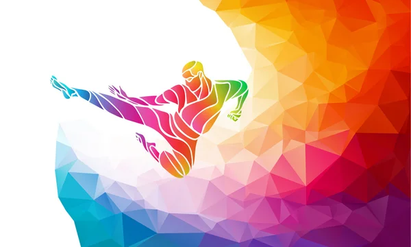 Arti marziali salto calcio colore silhouette arcobaleno. Combattente karate — Vettoriale Stock