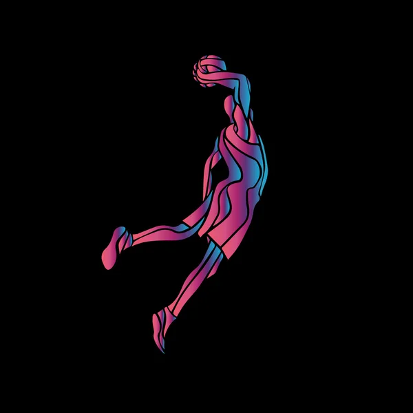 Jugador de baloncesto Slam Dunk Neon Glow Silhouette — Vector de stock