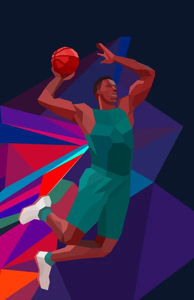 Basketballer springen Schuss auf bunten Low-Poly-Hintergrund. — Stockfoto