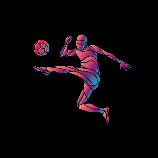 Il giocatore di calcio calcia il pallone. La colorata illustrazione vettoriale su sfondo nero . — Vettoriale Stock