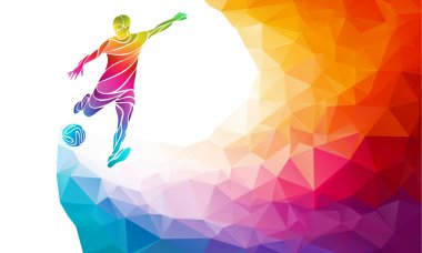 Creative silhouette of soccer player. Football player kicks the ball in trendy abstract colorful polygon rainbow back vector Creative silhouette of soccer player. Football player kicks the ball in trendy abstract colorful polygon rainbow back vector