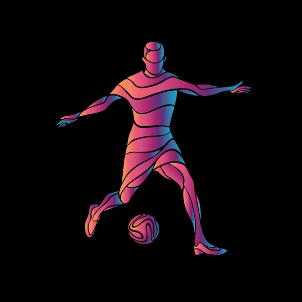 Fußballer kickt den Ball. die farbenfrohe Vektorabbildung auf schwarzem Hintergrund. — Stockvektor