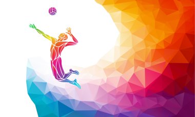 Voleybolcu yaratıcı silüeti. Takım spor vektör çizim veya banner şablon gökkuşağı arka ile trendy soyut renkli çokgen tarzında