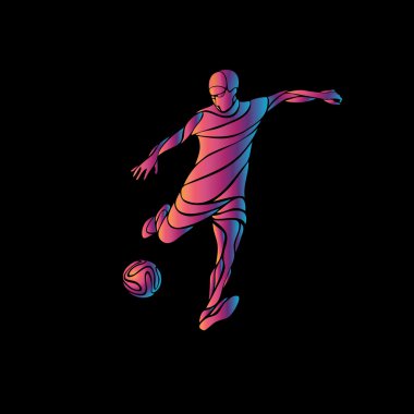 Soccer player kicks the ball. The colorful vector illustration on black background. clipart