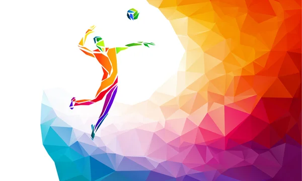 Silueta creativa de jugador de voleibol. Ilustración de vector deportivo de equipo o plantilla de banner en estilo de polígono colorido abstracto de moda con espalda de arco iris — Vector de stock