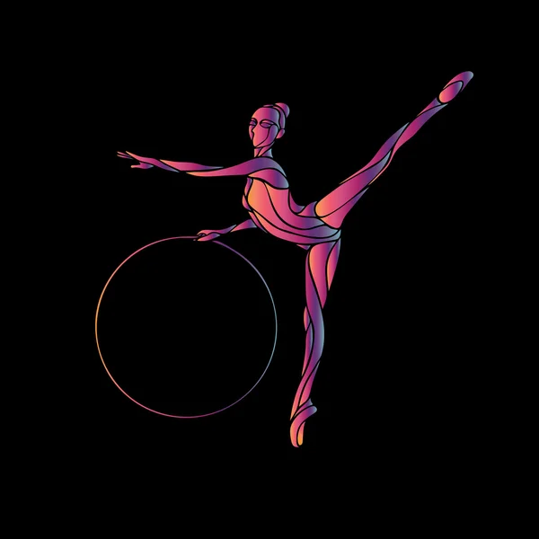 Rhythmic Gymnastics with Hoop Silhouette on black background — Stock Vector