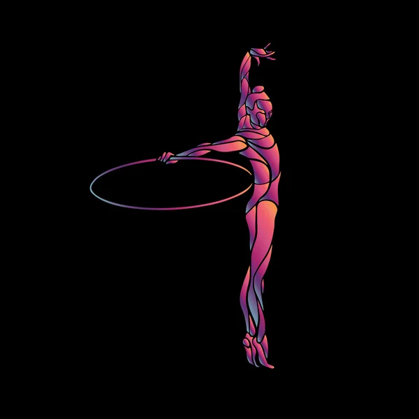 Gymnastique rythmique avec silhouette cerceau sur fond noir — Image vectorielle