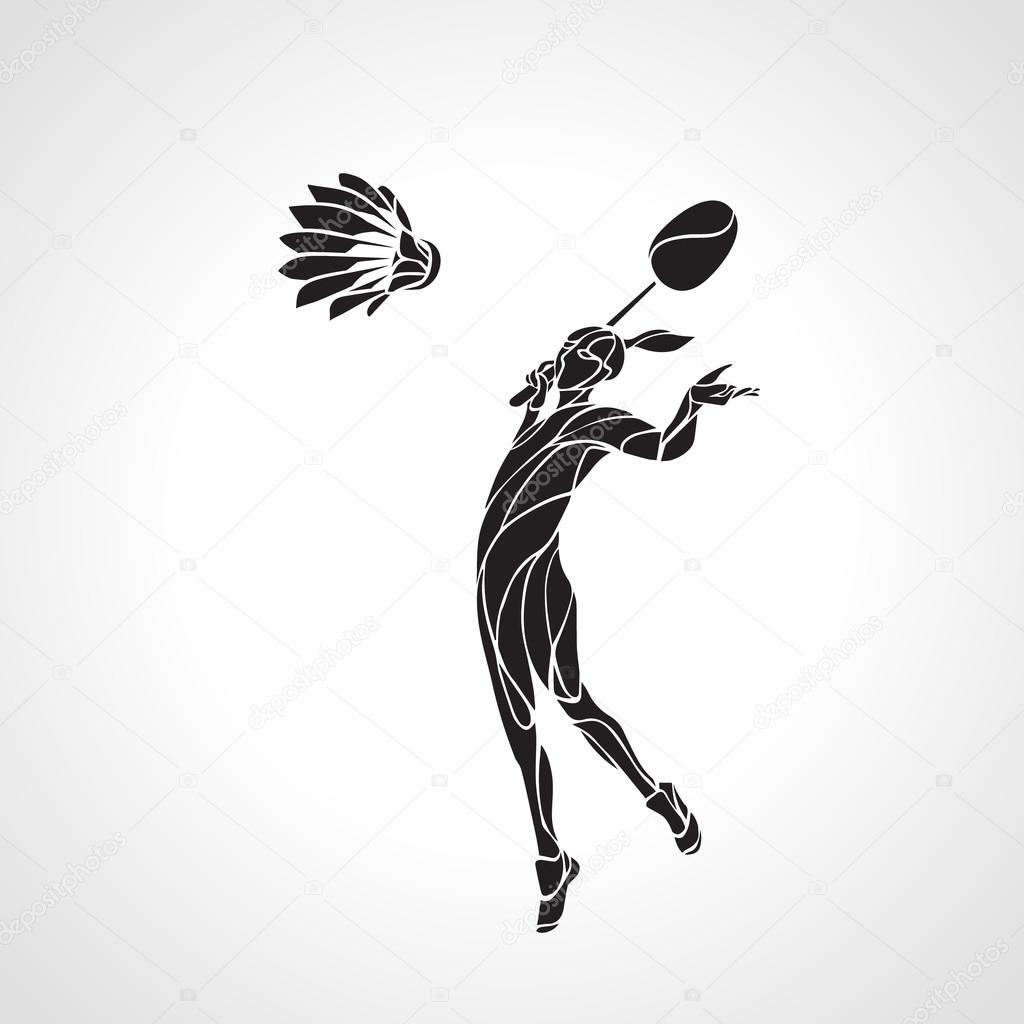Silhouette of abstract female badminton player doing smash shot. Black and white outline professional badminton player.