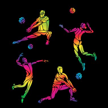 Vektör Voleybol siluetleri gökkuşağı koleksiyonu