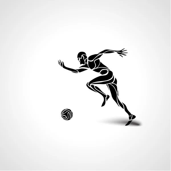 Soccer or football player kicks the ball, sportsman silhouette — Stock Vector