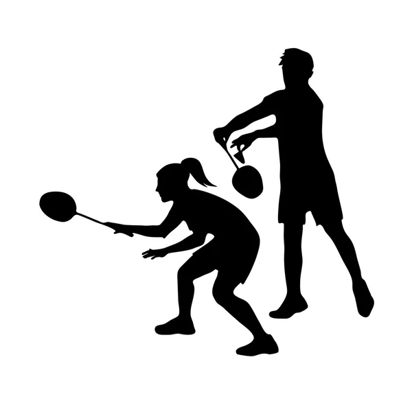 Siluetas de jugadores de bádminton de equipo mixto. Dobles mixtos para bádminton — Vector de stock