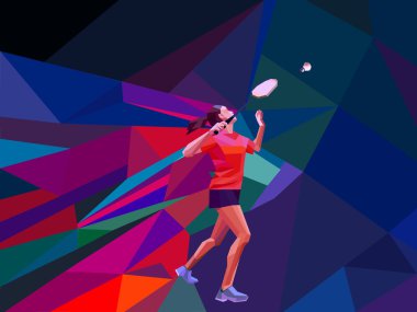 Sıradışı renkli üçgen arkaplan. Geometrik çokgen profesyonel bayan badminton oyuncusu