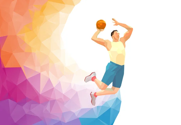 Μπασκετμπολίστας σε πολύχρωμο χαμηλή πολυ πίσω με κενό — Διανυσματικό Αρχείο