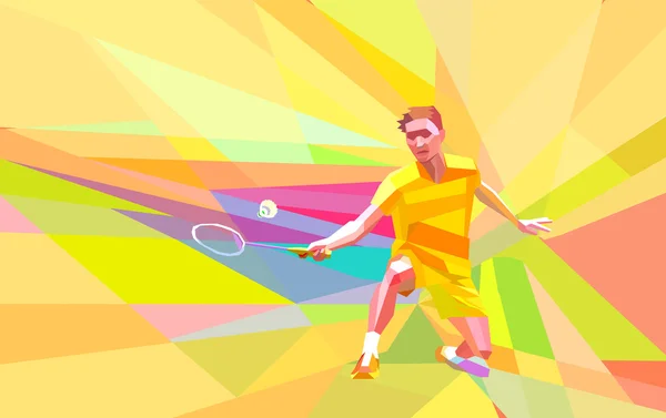Veelhoekige badminton-speelster op gele laag poly achtergrond — Stockvector