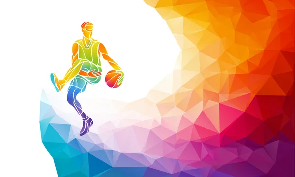 Basketball player jump shot polygonal silhouette on colorful low poly background. — Stock Vector