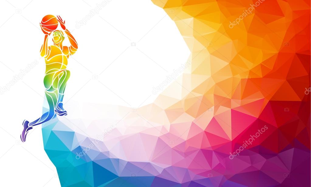 Basketball player jump shot polygonal silhouette on colorful low poly background.
