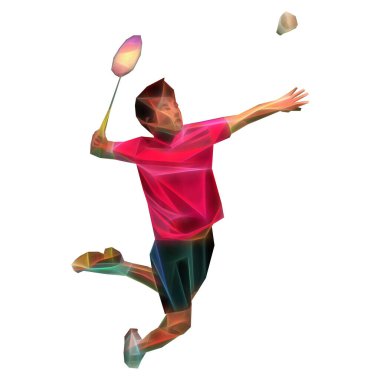 Renkli düşük polyester arka planda çok yönlü profesyonel badminton oyuncusu beyaz arkaplanda smaç yapıyor