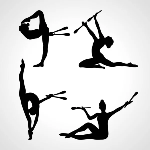 Kreativa silhuetter av 4 gymnastiska flicka med klubbar. Konstgymnastik eller balett dansande kvinnor, vektor illustration — Stock vektor