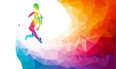 Kadın squash oyuncusunun yaratıcı silueti. Raket spor vektör illüstrasyonu veya pankart şablonu gökkuşağı arkası ile soyut renkli çokgen tarzında