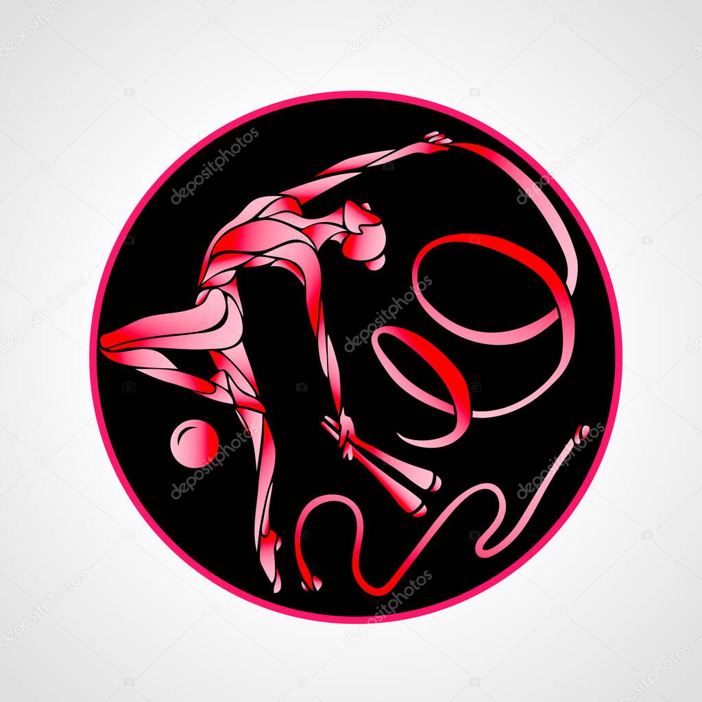 Rhythmic gymnastics logo. Gymnastic girl in a circle with hoop, clubs, a ribbon, skipping rope and a ball