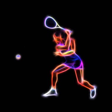 Kadın Squash oyuncusu topa vuruyor Neon Parıltısı Renk İllüstrasyonu. Siyah Arkaplanda raket spor broşürü, poster, web, broşür, dergi için yeri olan soyut bir atlet.