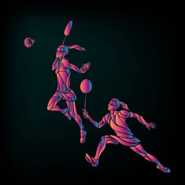 Yaratıcı renkli Profesyonel Badminton oyuncuları. Vektör çizimi. İki kız, kadınlar şampiyonluk bayrağını ikiye katladı. Bölüm 10 'un taslağı.
