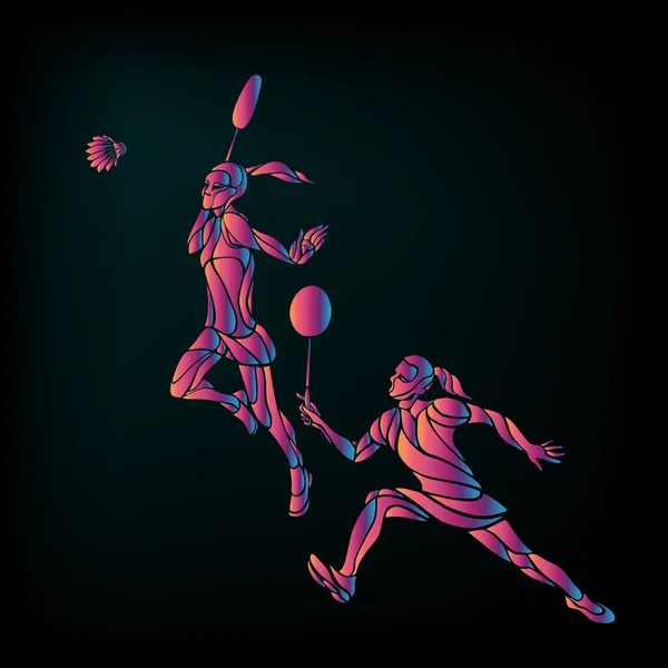 Colore Creativo Giocatori Professionisti Badminton Illustrazione Vettoriale Due Ragazze Donne — Vettoriale Stock