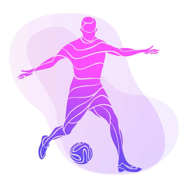 Le footballeur donne un coup de pied au ballon. Illustration vectorielle violette — Image vectorielle