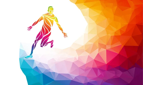 Corredor de maratona. Correndo silhueta na moda estilo polígono colorido abstrato com arco-íris de volta — Vetor de Stock