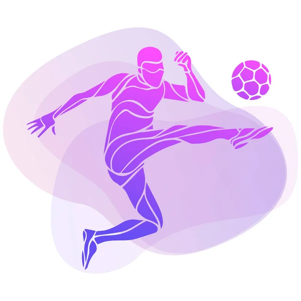 Soccer player kicks the ball. Purple vector illustration — Stock Vector