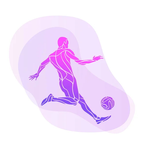 Le footballeur donne un coup de pied au ballon. Illustration vectorielle violette — Image vectorielle
