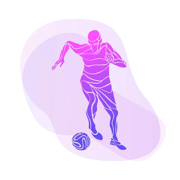 Le footballeur donne un coup de pied au ballon. Illustration vectorielle violette — Image vectorielle