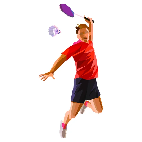 Giocatore professionista poligonale di badminton che fa smash shot Illustrazione vettoriale — Vettoriale Stock