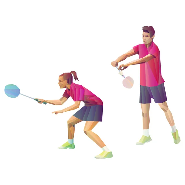 Badminton players mixed doubles team, man and woman start badminton game, vector badminton serve — Stock Vector