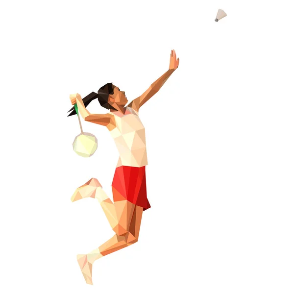Geometryczny wielokątny zawodowy badminton gracz, jumping smash — Wektor stockowy