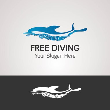 Serbest dalgıç ve yunus. Frediving logo vektör çizimi