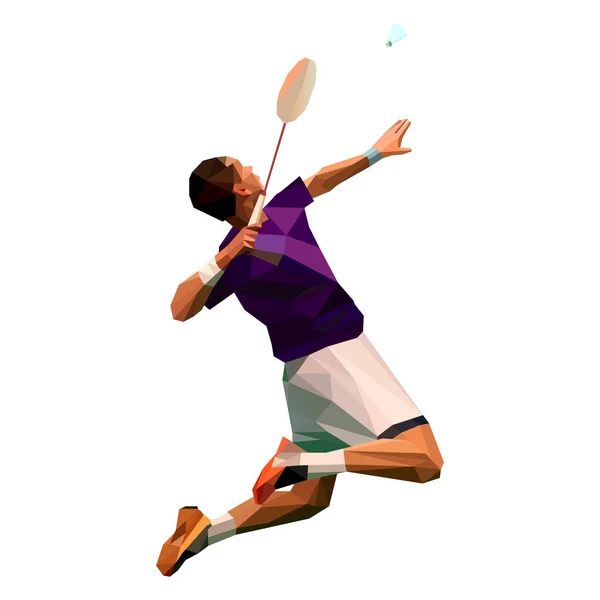 Polygonale professionele badminton speler doet smash shot. — Stockvector