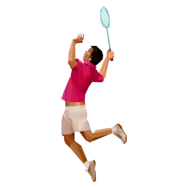 Badminton player, during smash isolated on white background