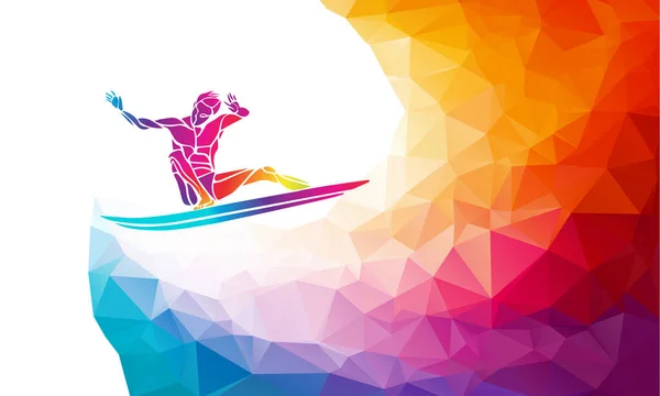 Kreative Silhouette des Surfers. Fitness-Vektor-Illustration oder Banner-Vorlage im trendigen abstrakten, bunten Polygon-Stil mit Regenbogenrücken — Stockvektor