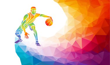 Renkli düşük Poli arka plan ayarla yan her Çokgen geometrik tarzı illüstrasyon atlama çekim bir basketbol oyuncu atlama atış Jumper bakıldığında.