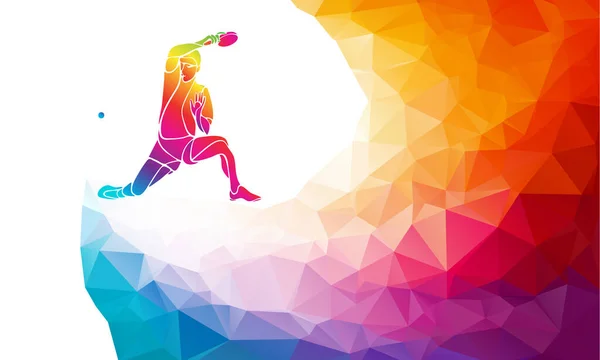 Jugador de tenis de mesa. Ping pong vector de ilustración o plantilla de banner en el estilo de polígono de colores abstractos de moda con arco iris espalda — Archivo Imágenes Vectoriales