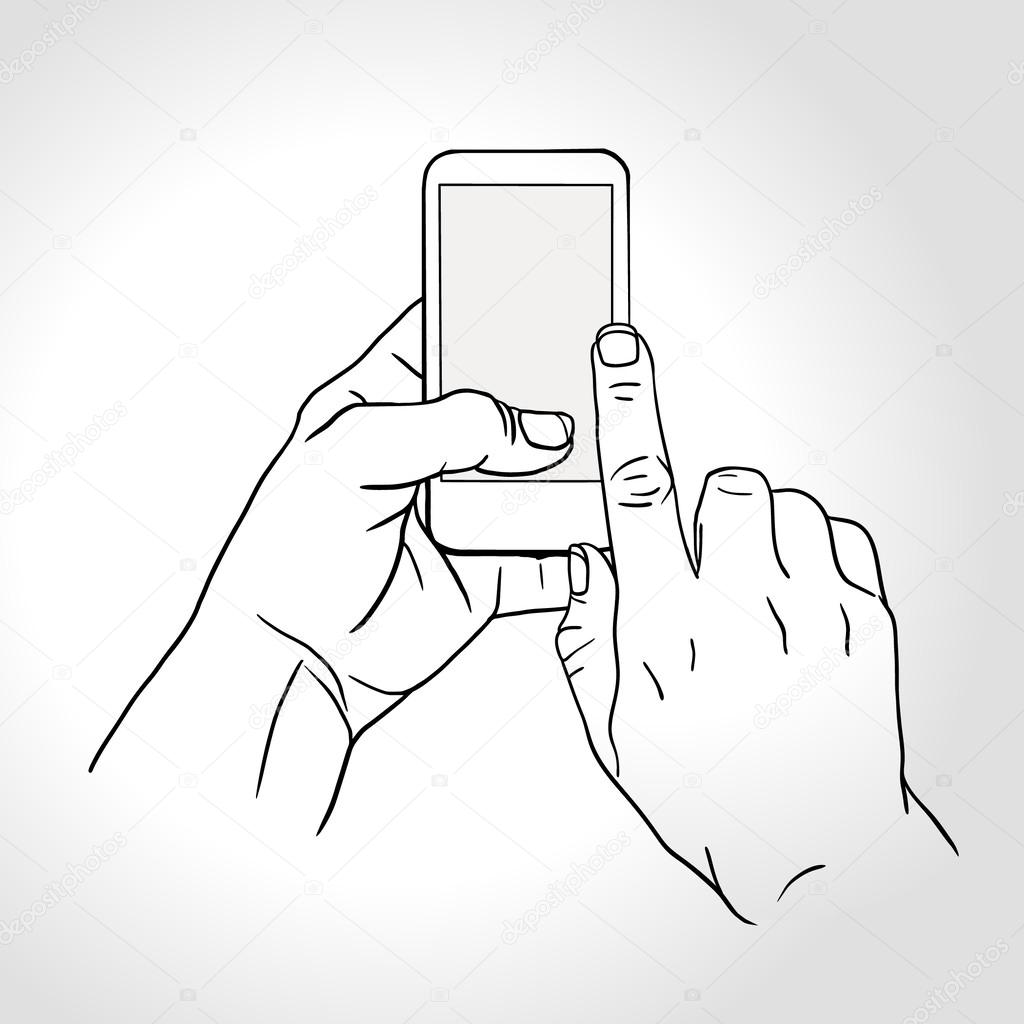 Line art hand holding and touch on smartphone with blank screen