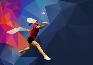Abstract triangle style female professional badminton player doing smash clipart