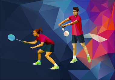 Yaratıcı üçgen tarzı profesyonel badminton oyuncular, mixt çift, çift oyunu, erkek ve kadın